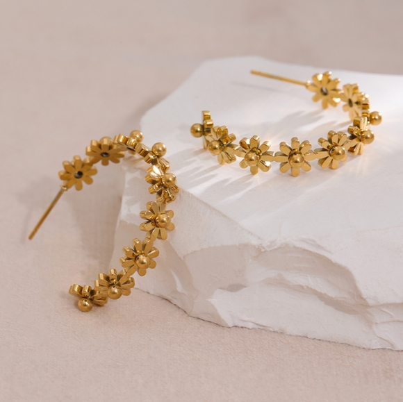 SS Round Flower Hoop Earrings - Picture 7 of 9